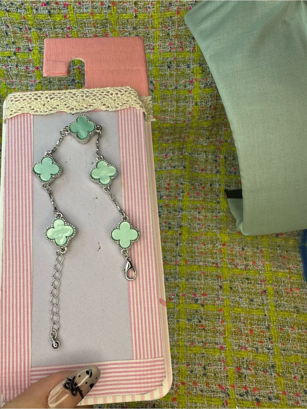 Silver Chain Bracelet with Mint Green Clover Charms